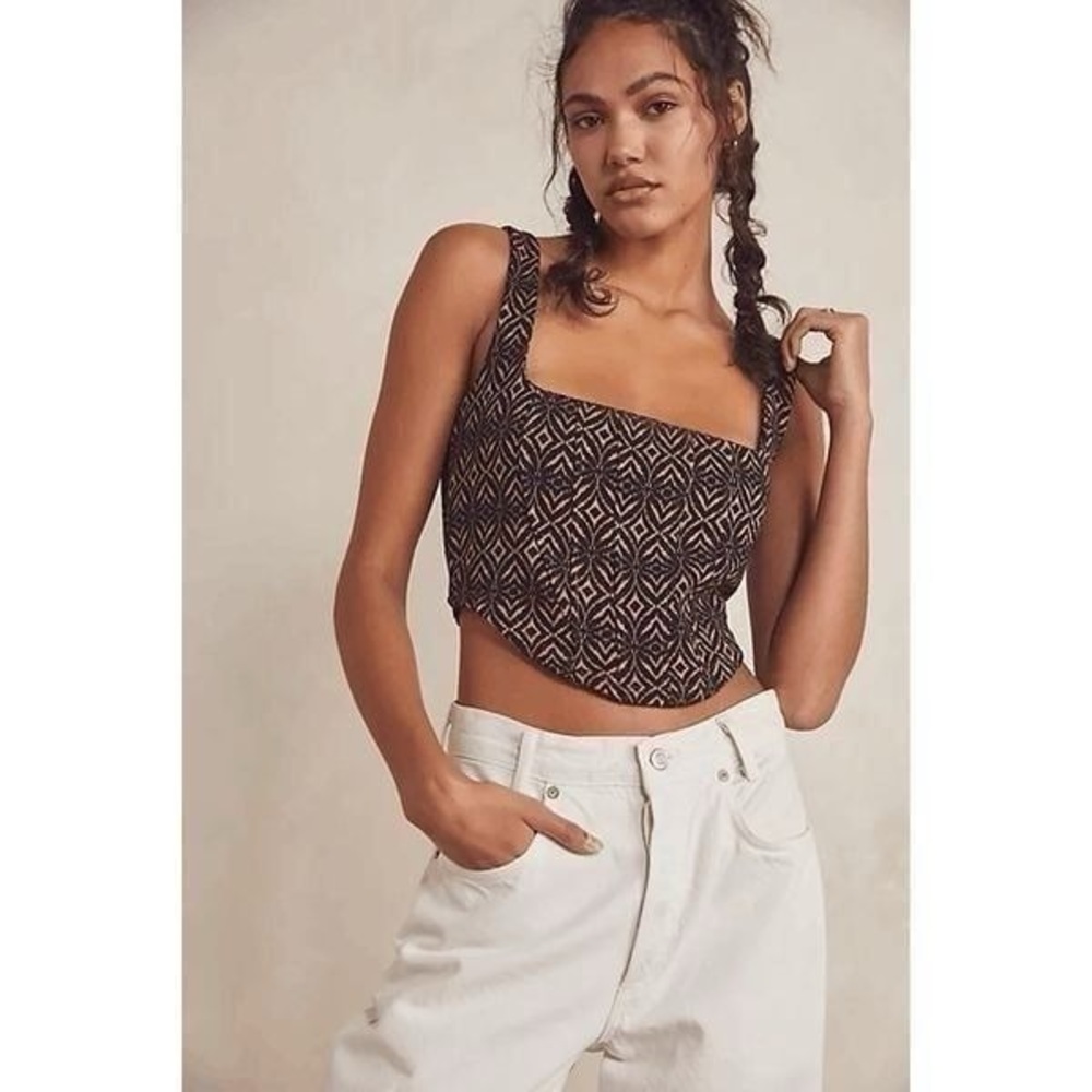 Free People Seams To Me Printed Brown Black Cropped Cami pink and cream size sm